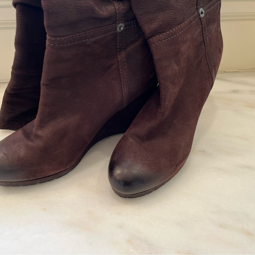 Dark Brown Prada Knee High Wedge Boots Size 9 US EU 39 Nubuk/Suede MINT Rusched - Picture 8 of 10